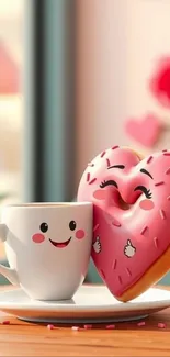 Smiley cup and heart-shaped donut with pink frosting.