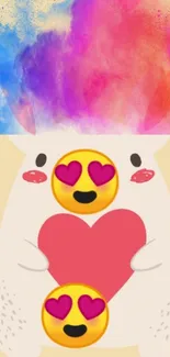 Cute bear holding heart with colorful emoji and watercolor background.