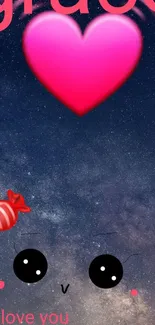 Cute wallpaper with heart, candy, and galaxy stars.