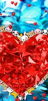 Red heart gem with animals on blue background.