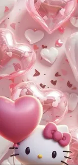 Cute kitty with pink balloon hearts wallpaper