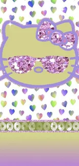 Cartoon kitty with sunglasses on a colorful heart background.