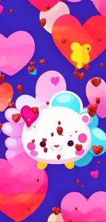 Cute cartoon character with colorful hearts on a blue background.