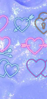 Neon heart designs on a lavender sparkling background.