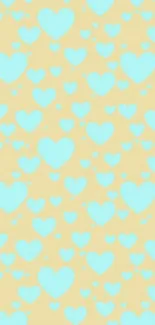 Wallpaper with blue heart pattern on beige background.