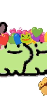 Cute green pixel characters with colorful hearts and a bunny.