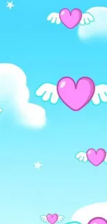 Mobile wallpaper with pink hearts and wings in a blue sky.