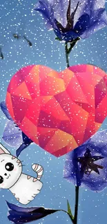 Cute polygonal heart with kitty on blue floral wallpaper.