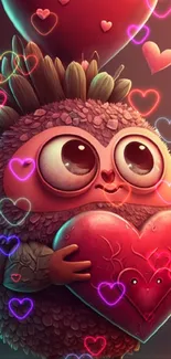 Cute creature holding heart with floating hearts in rose red hues.