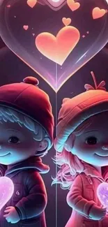 Cute cartoon kids with glowing hearts.