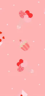 Cute pink wallpaper with hearts, cupcakes, and love letters.