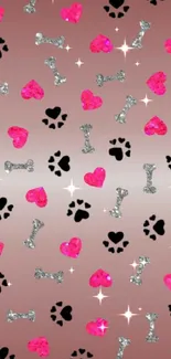 Mobile wallpaper with pink hearts, paws, and silver bones on gradient.