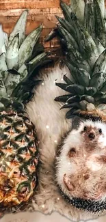 Hedgehog between two pineapples on a fuzzy background.