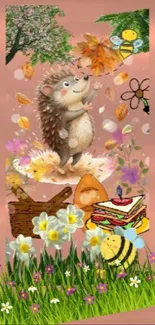 Cute hedgehog with autumn backdrop and flowers.