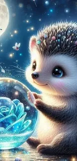 Charming hedgehog holding a glowing orb in a magical night sky.