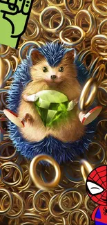 Cute hedgehog with green gem among gold rings.