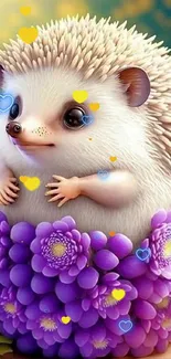 Cute hedgehog surrounded by purple flowers, bright and vibrant mobile wallpaper.