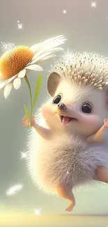 Cute hedgehog holding a daisy in a soft, dreamy background.