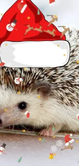 Cute hedgehog in a Santa hat on a mobile wallpaper.