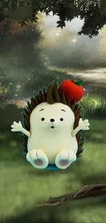 Cute hedgehog with apple in enchanted forest wallpaper.