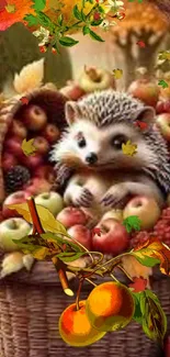 Hedgehog nestled in a colorful fruit basket among autumn leaves.