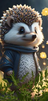 A cute hedgehog in a jacket amidst flowers.