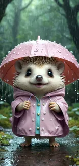 Cute hedgehog with pink umbrella in rainy forest wallpaper.