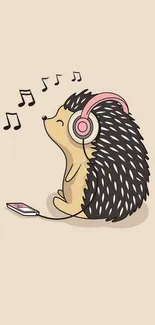 Cute hedgehog with headphones and music notes on beige background.