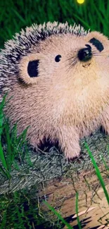 Adorable hedgehog nestled in green grass, glowing softly.