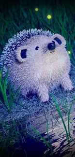 Adorable hedgehog in nighttime grass with glowing fireflies. Perfect mobile wallpaper.