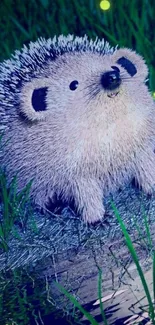 Cute hedgehog near pond at night, illuminated by soft blue and green hues.