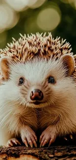 Cute hedgehog on a log with blurred background.