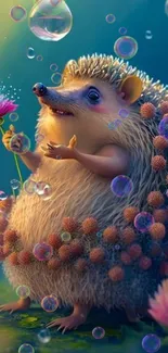 Cute hedgehog surrounded by whimsical bubbles and floral accents.