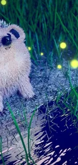 Cute hedgehog with glowing fireflies by a creek in a forest setting.