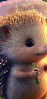 Cute hedgehog with glowing spines in soft, warm hues.