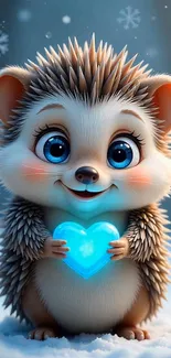 Cute cartoon hedgehog holding a glowing blue heart in a snowy winter setting.