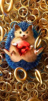 Cute hedgehog with red gem on gold rings background.