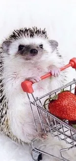 Cute hedgehog with strawberries in a tiny shopping cart.