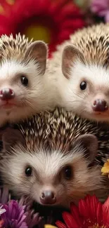 Three cute hedgehogs surrounded by colorful flowers.
