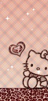 Cute Hello Cat wallpaper with heart and checkered pattern.