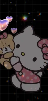 Hello Kitty and teddy bear on a black background with a grid pattern.