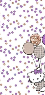 Adorable Hello Kitty with balloons and polka dots in lavender and pink tones.