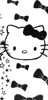 Cute Hello Kitty wallpaper with black bows and stars on a white background.