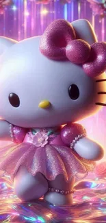 Hello Kitty in a pink tutu dress with a dreamy pastel background.