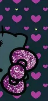 Hello Kitty with purple hearts and glittery bow on a dark background.