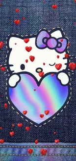 Hello Kitty holding a holographic heart on denim background.