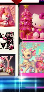 Cute Hello Kitty holiday wallpaper in pink hues with festive decorations.