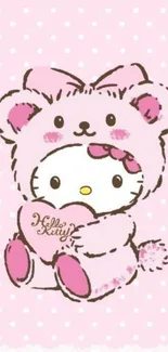 Cute Hello Kitty in bear costume on pink polka dot background.