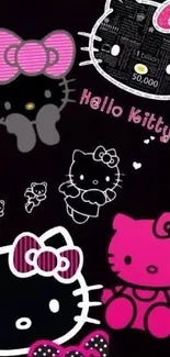 Cute Hello Kitty wallpaper with pink bows on a black background.