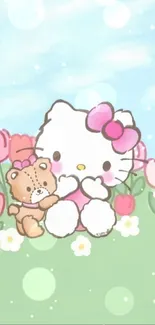 Hello Kitty with bear in tulip field, sky backdrop.